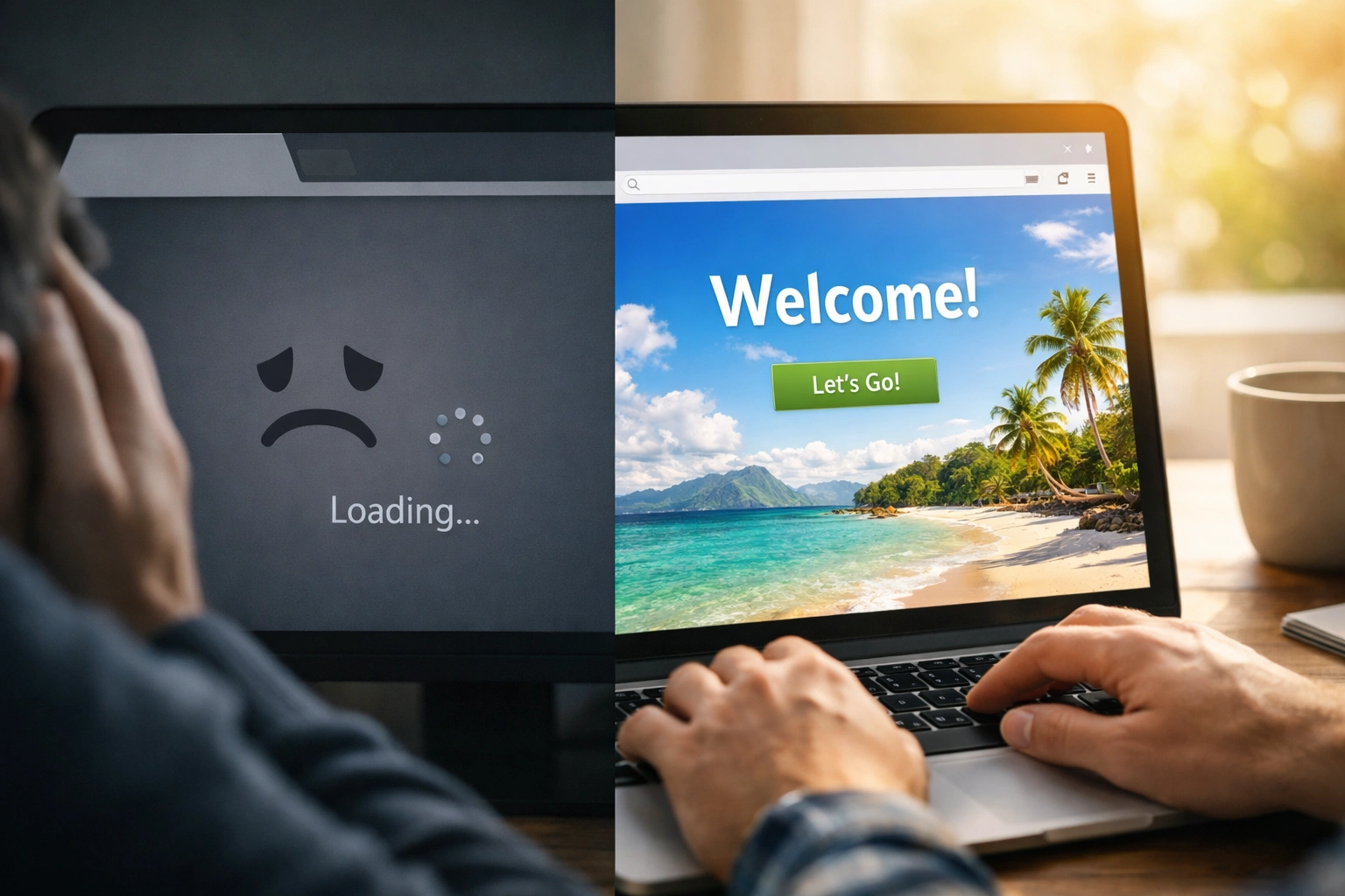 Sad like a gray tab in the browser, happy like the page that finally loads