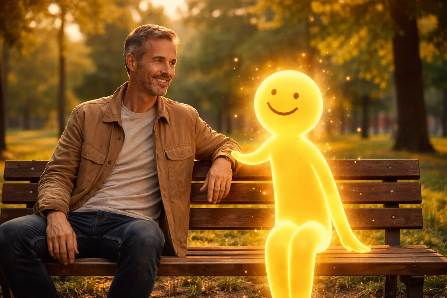 Happiness pats the bench beside me
