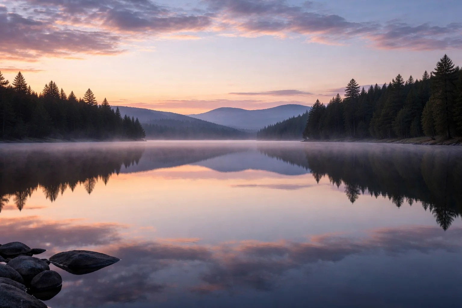 Calm is a glass lake at dawn