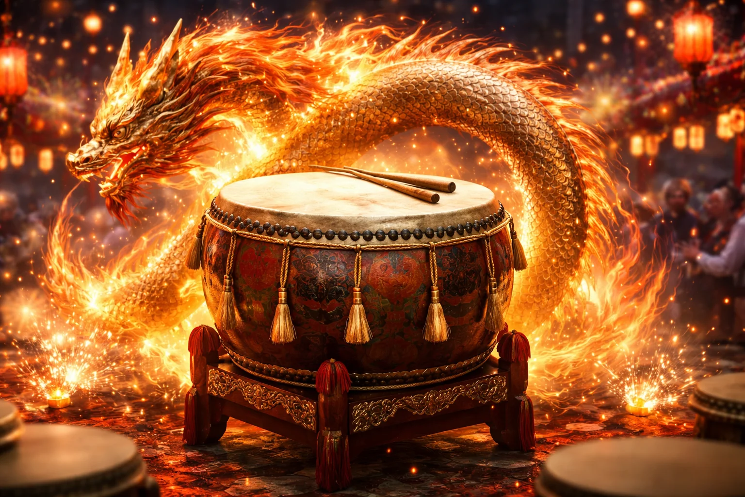 Chinese festival energy is like a dragon beside a janggu drum