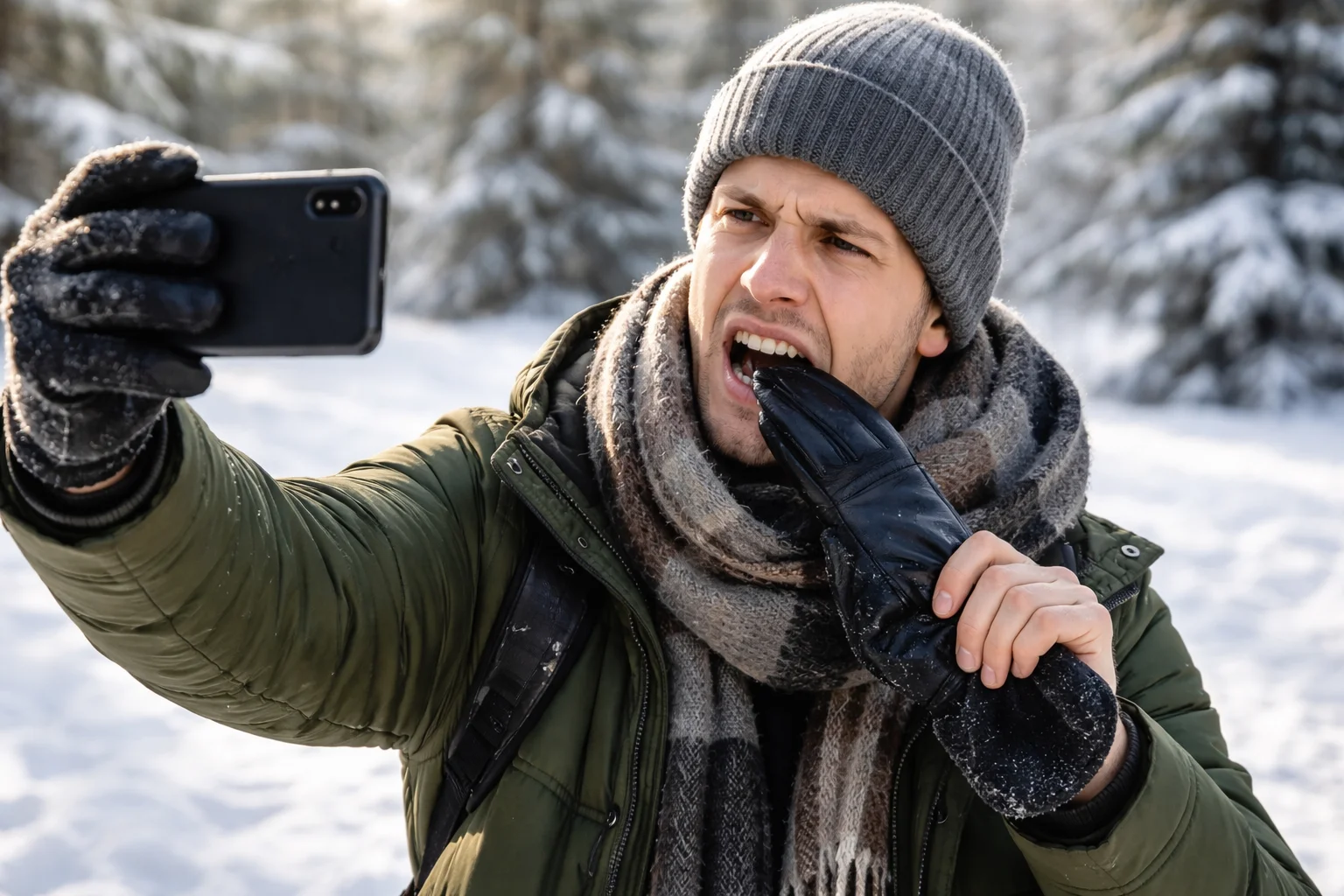 winter selfie, glove fail