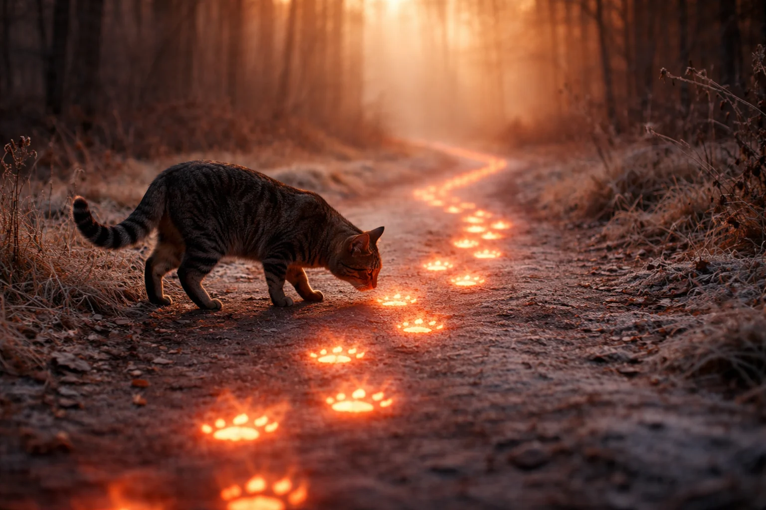 cat follows the warm trail