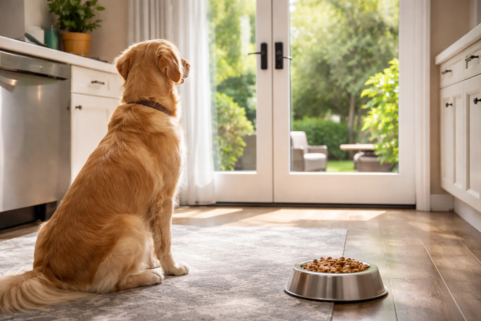 dog watches the bowl and the back door