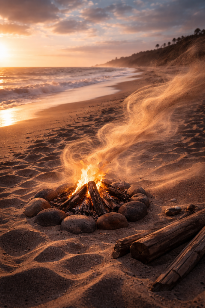 beach drifts like smoke from a small fire when wind lifts sand