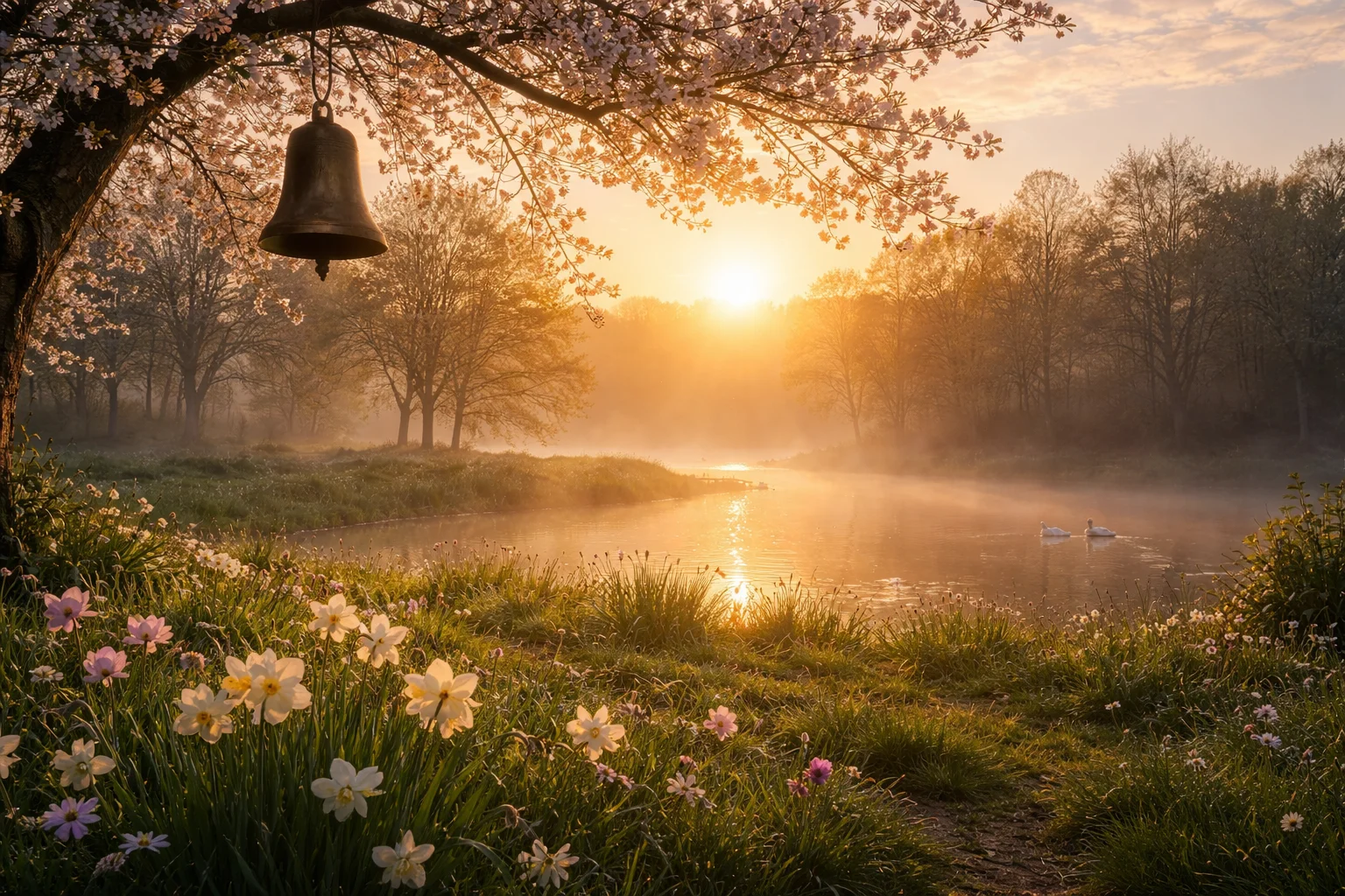 spring arrives like a soft bell at dawn