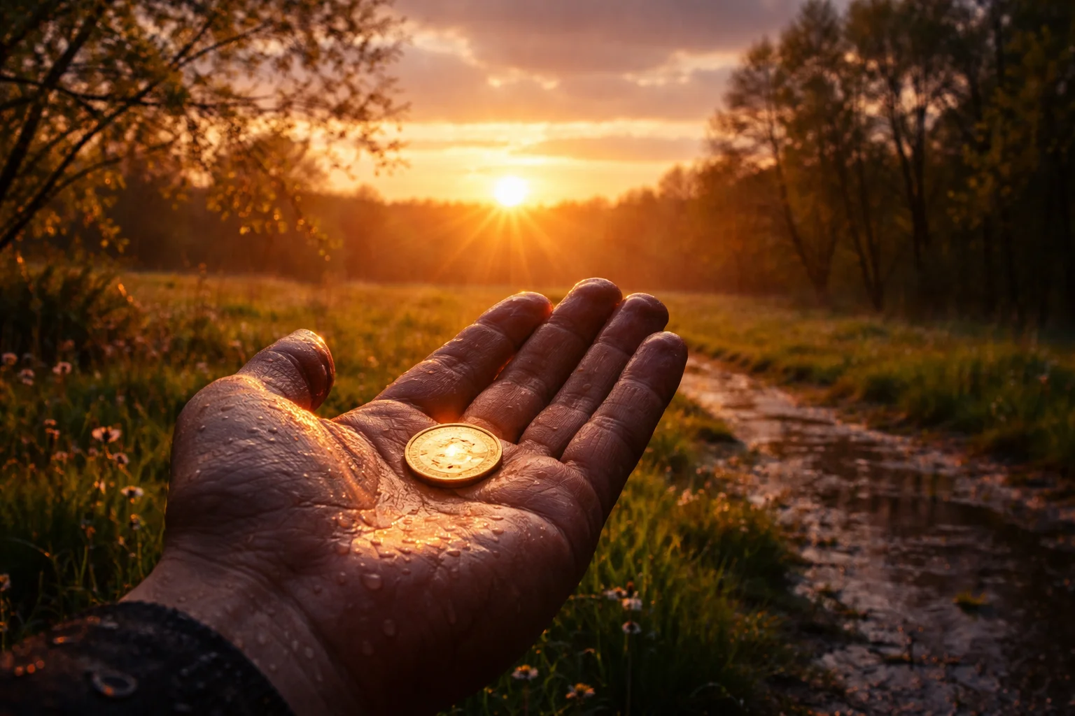 spring sunset after rain is like a clean coin in a dark palm