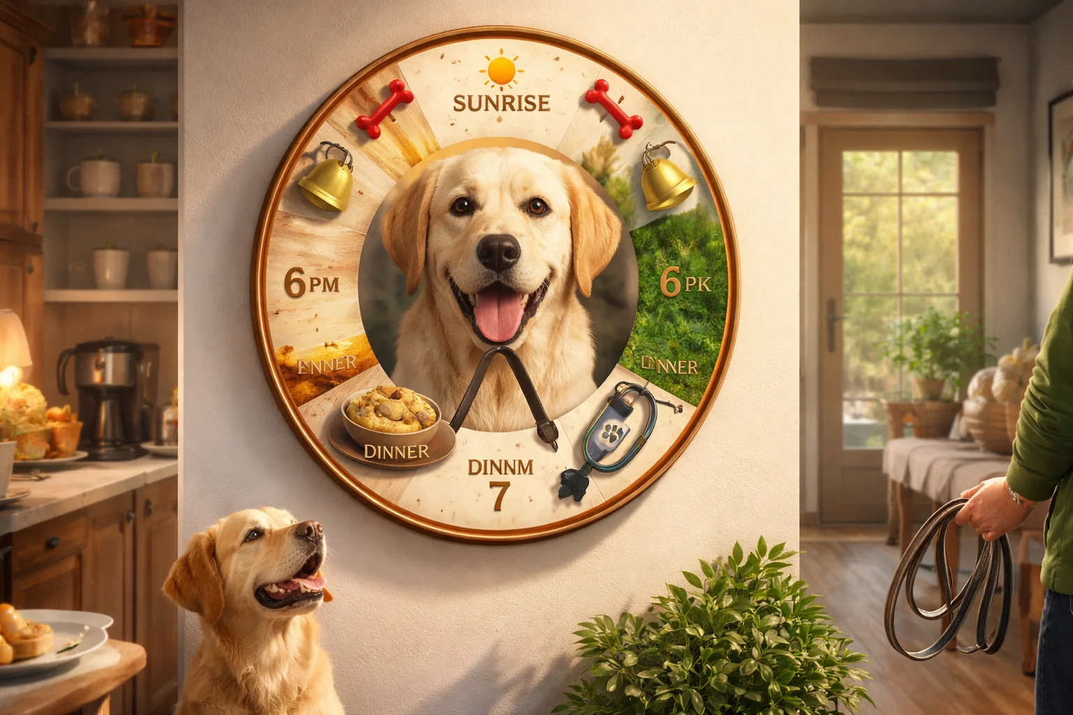 dog is a daily clock that rings at sunrise, dinner, and walk time