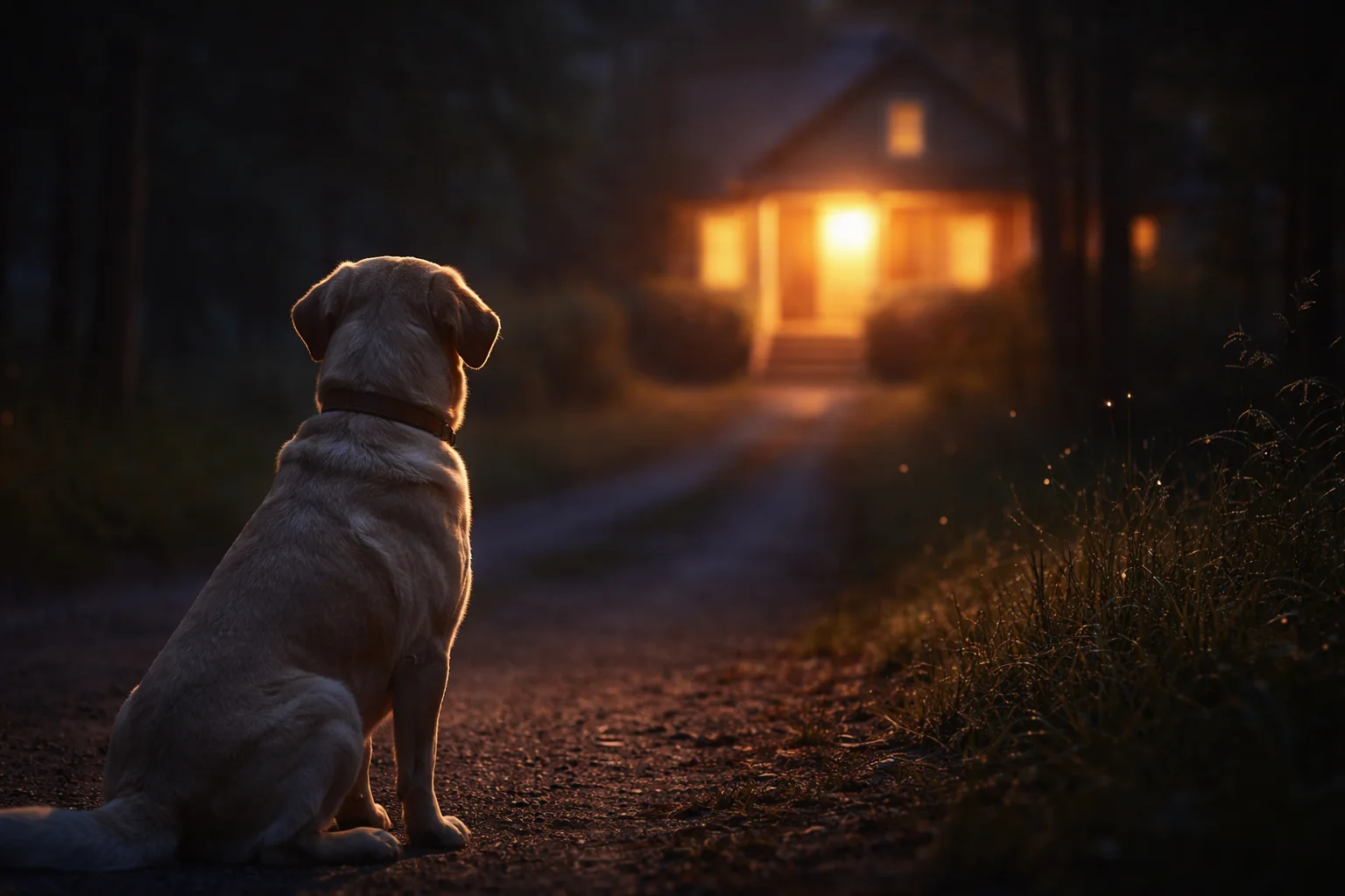 dog hopeful like a porch light seen from far