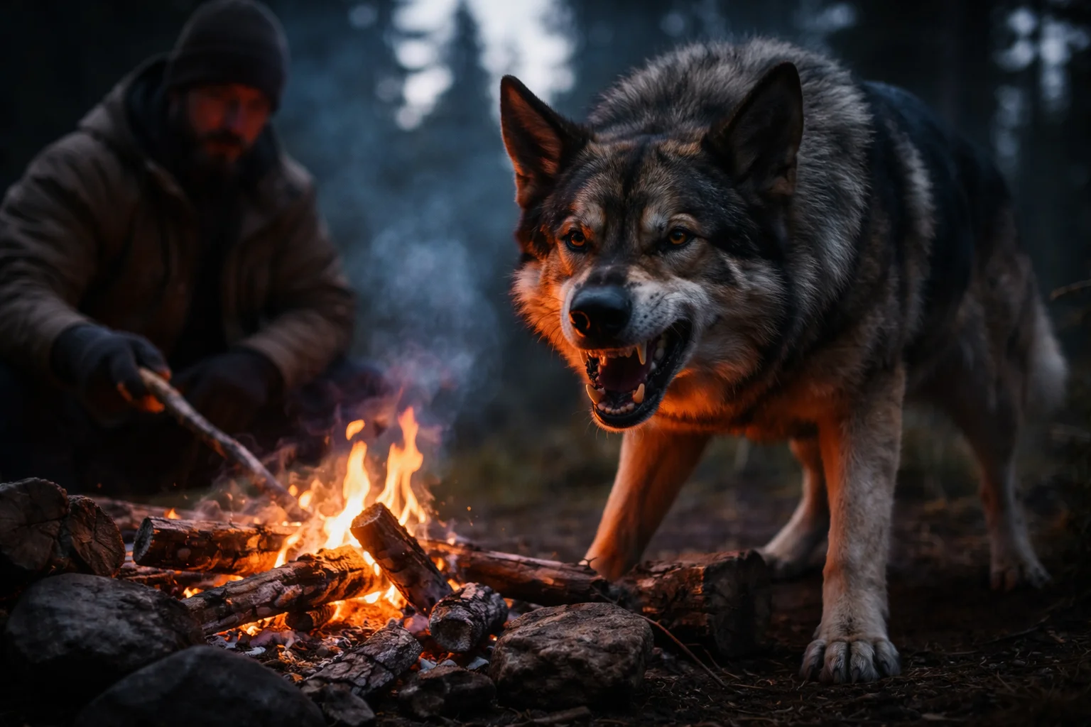 dog fierce like a wolf when the fire is low