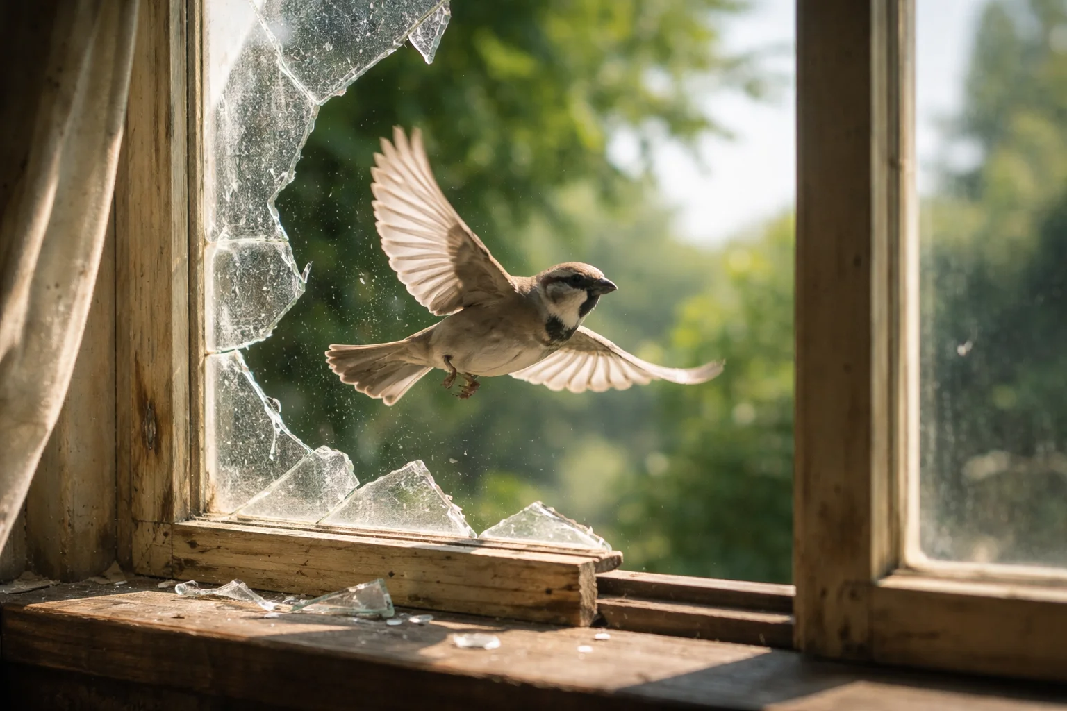 Animal darts like a sparrow through a cracked window