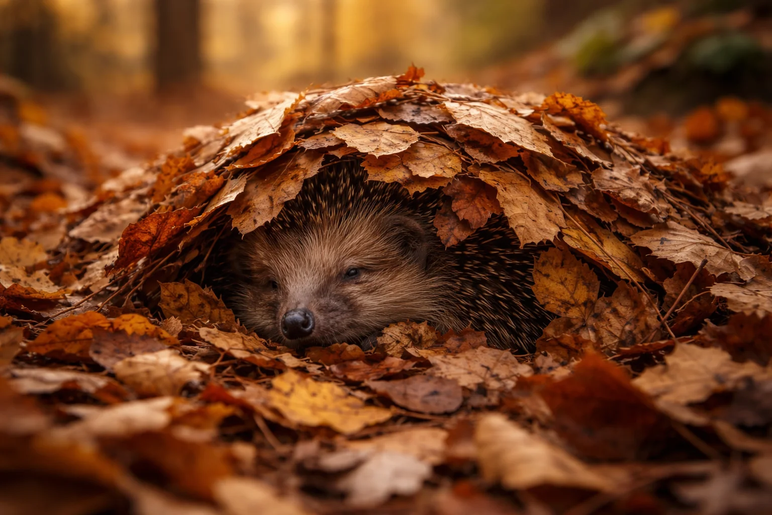 Animal sleeps like a hedgehog under a coat of leaves