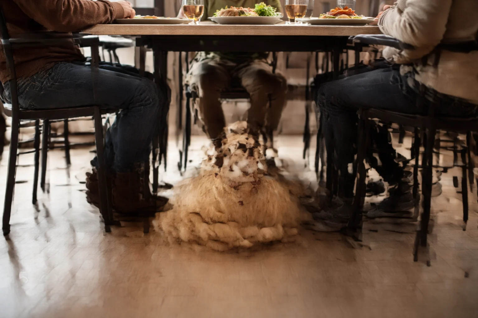 Animal stays near like a dog under the dinner table