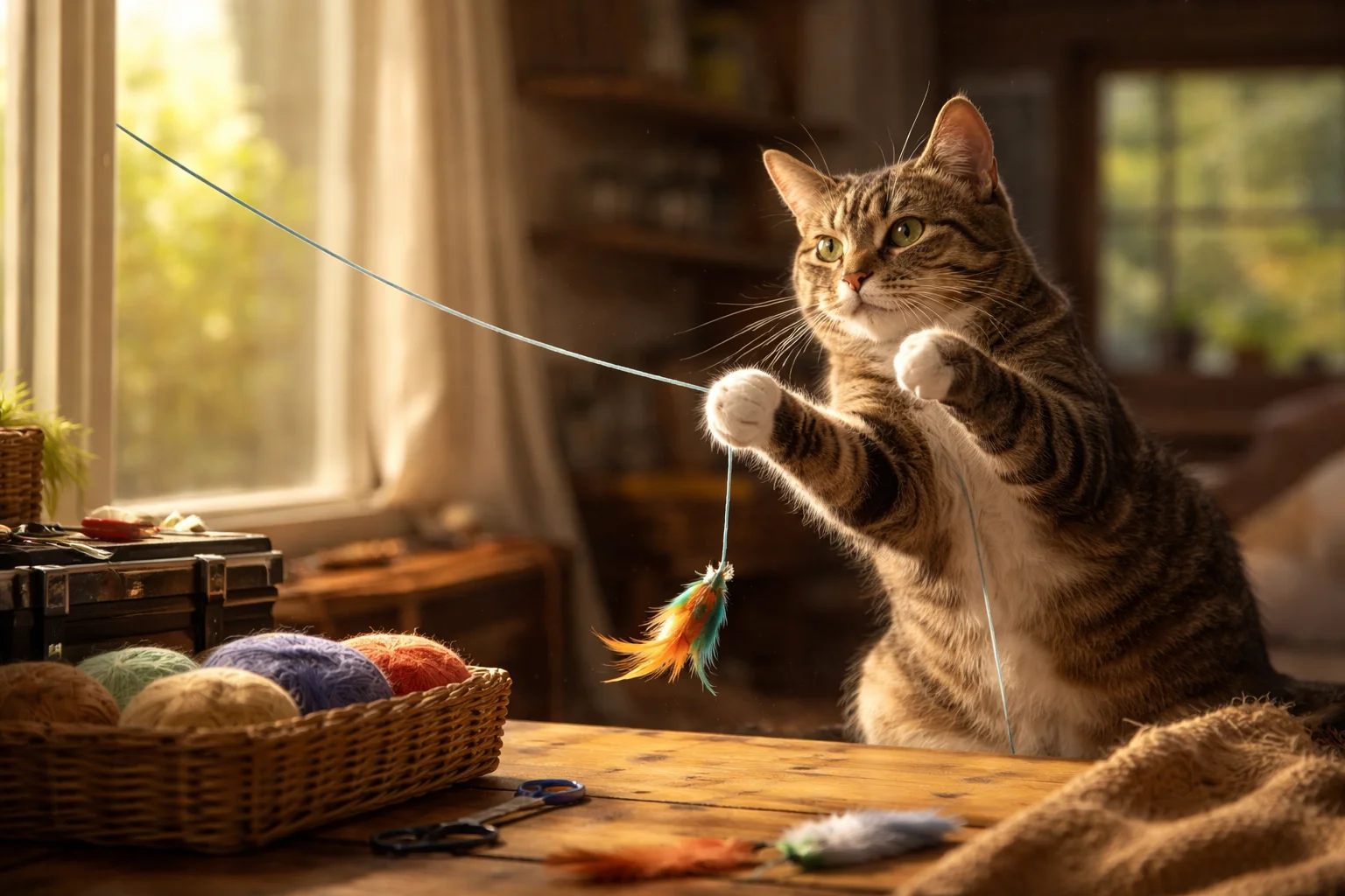 cat plays with string like a fisherman plays a line, pulls back, gives slack, then pulls again