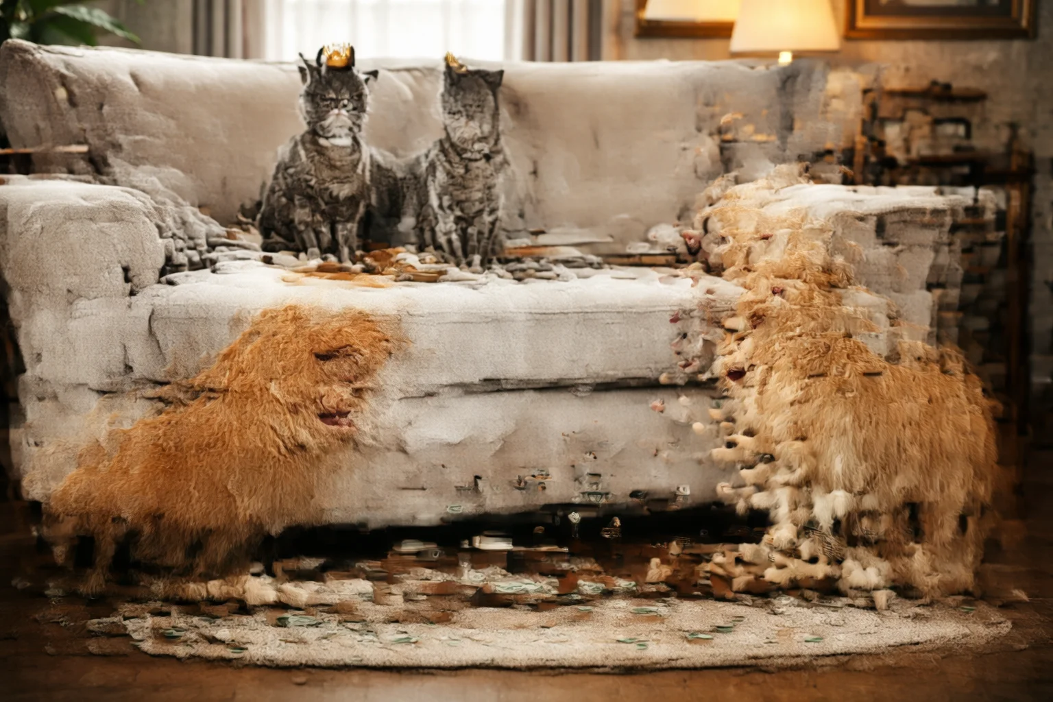 cat rules the sofa like a calm judge as dog begs like a street singer