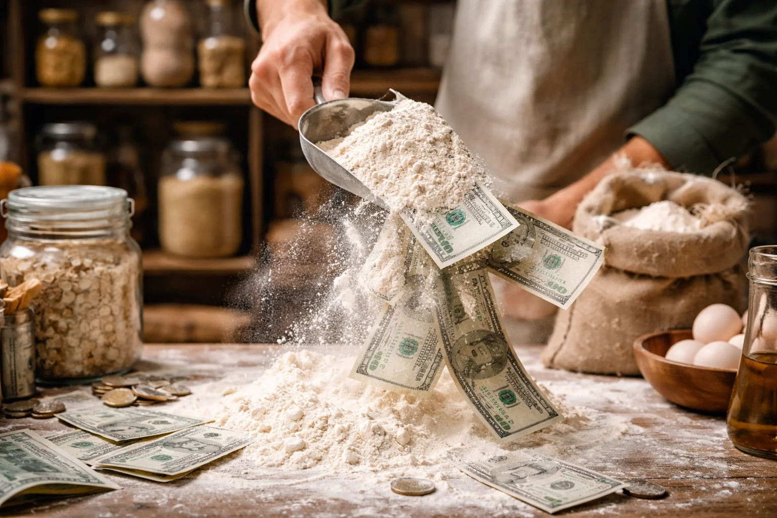 money is like flour in a pantry, it drops fast when scooped blind