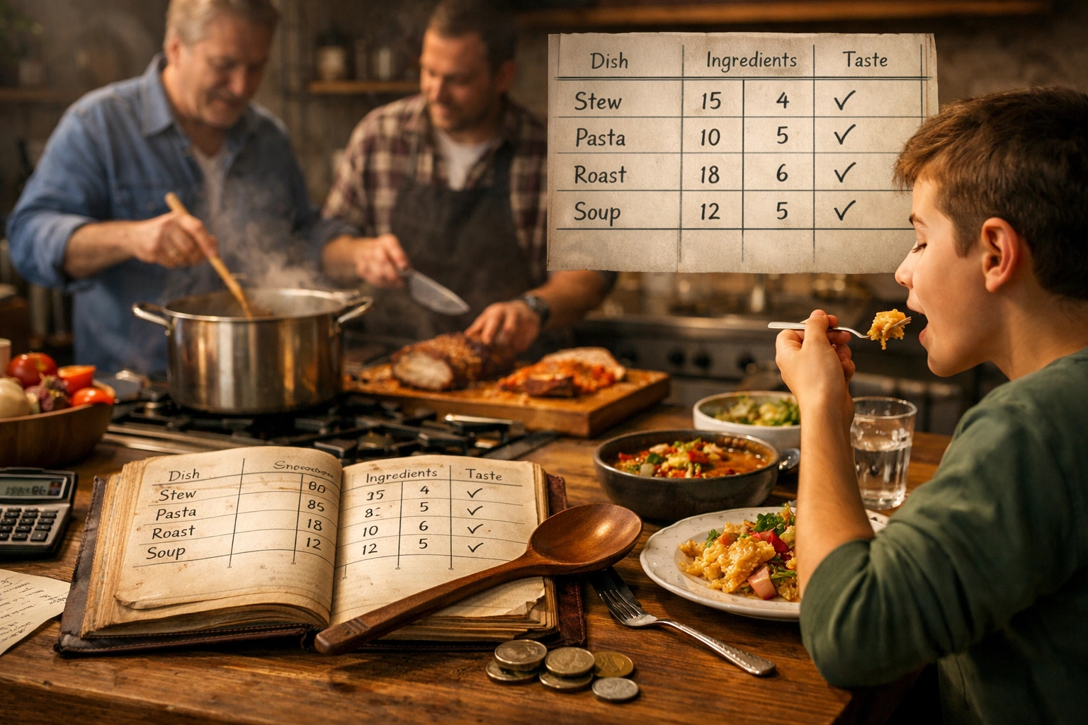 cooking is a family ledger where each pot adds a line and each bite checks the sum