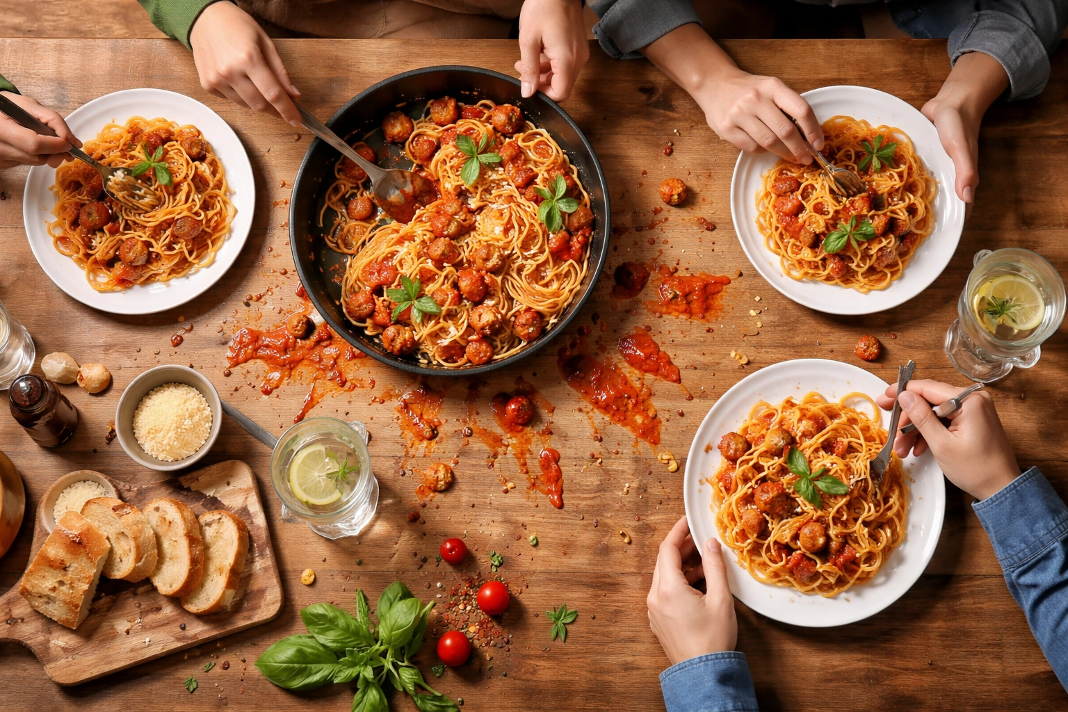 Food from the same pan, different plates, same spill