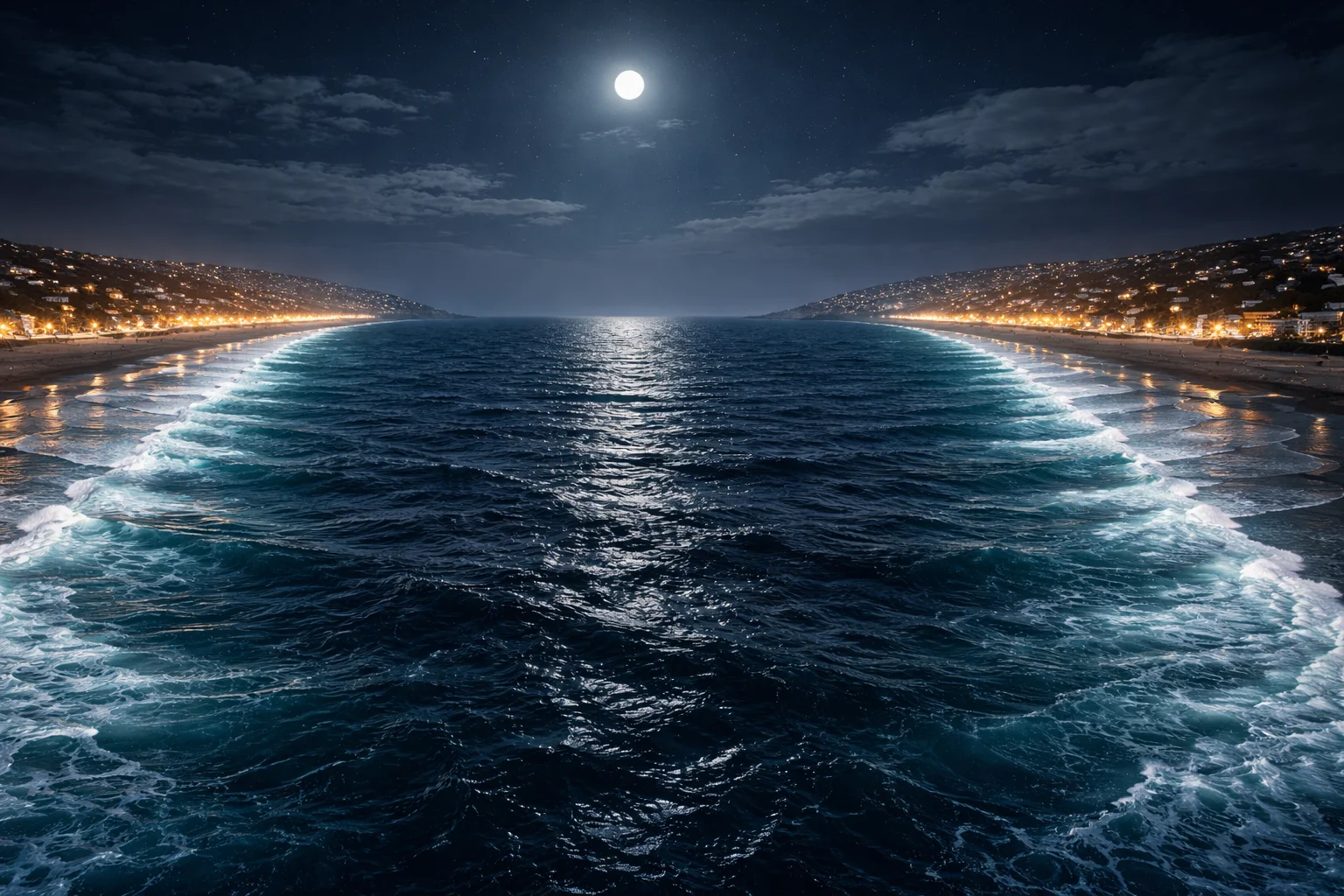 ocean is like a wide street at night, bright at the edge and dark in the middle
